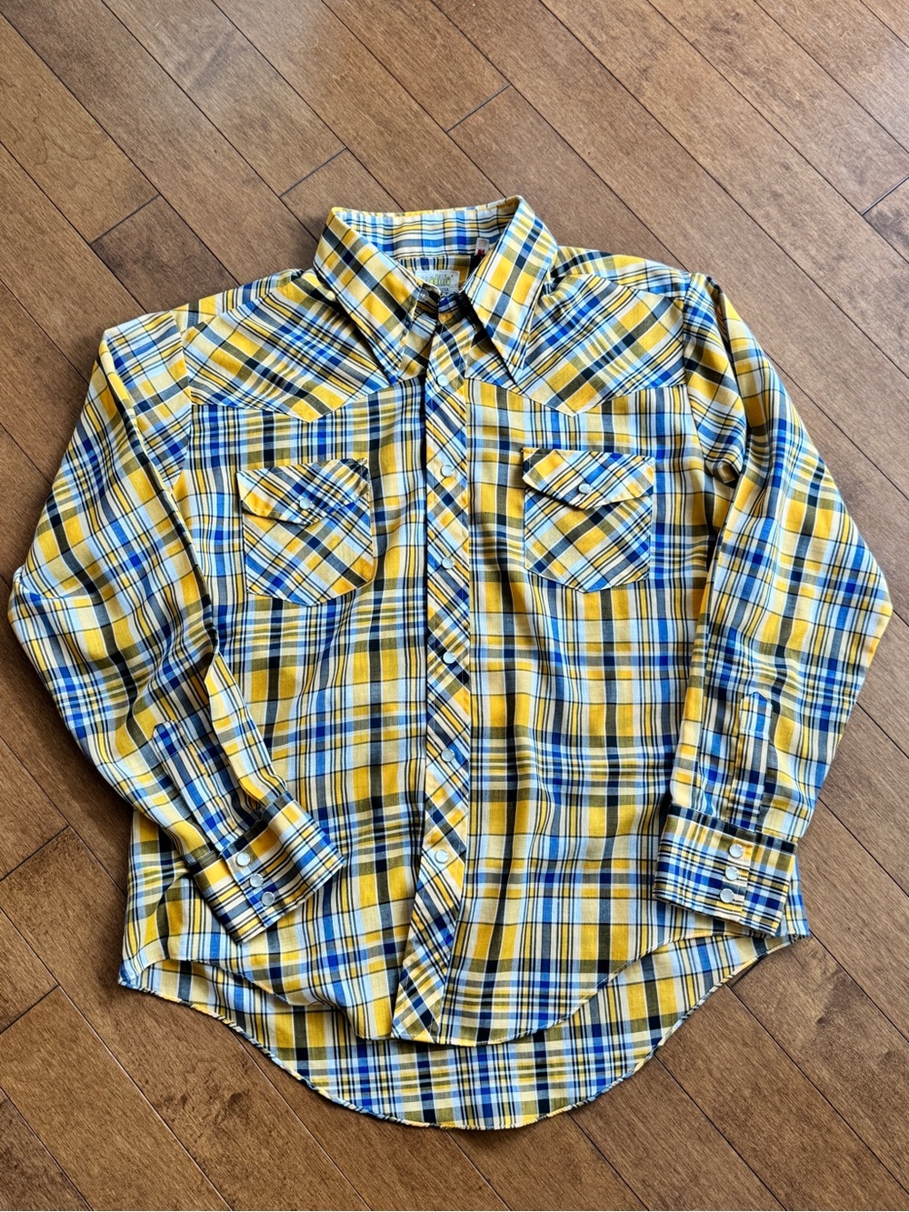 Vintage 70s Caudillo Plaid Western Pearl Snap Shirt Yellow Blue - Men's Large